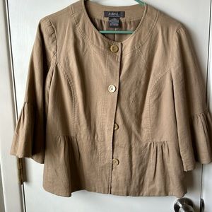 No collar rounded neck button short jacket with 3/4” bell sleeves